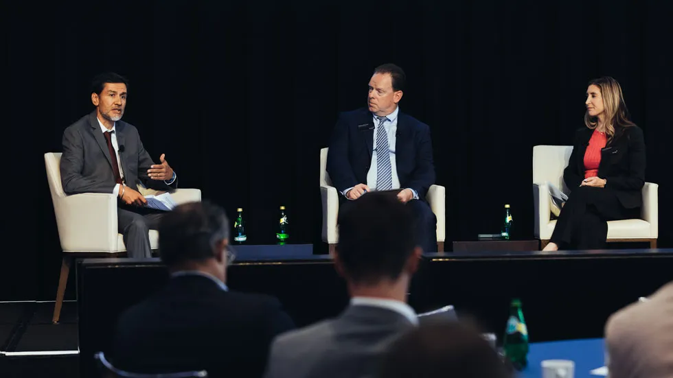 Pictured (L to R): Joti Rana, head of governance and policy, Americas, LSEG; Ronald Bohlert, director – real estate, NYSE (moderator); and Alexa Marymor, senior manager, NYSE. Photo credit: Maria Wurtz